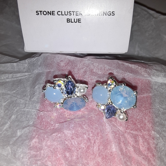 Avon Blue Stone Cluster Stud Earrings with Silvertone posts - Picture 4 of 4